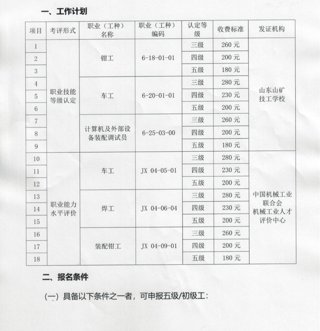 山东山矿技工学校社会培训评价组织职业技能等级认定机械行业职业能力评价重型机械212考试站职业能力水平评价公告